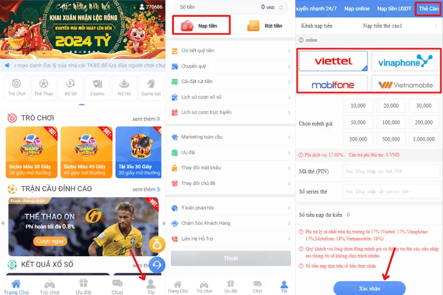 nạp tiền tk88 qua thẻ cào
